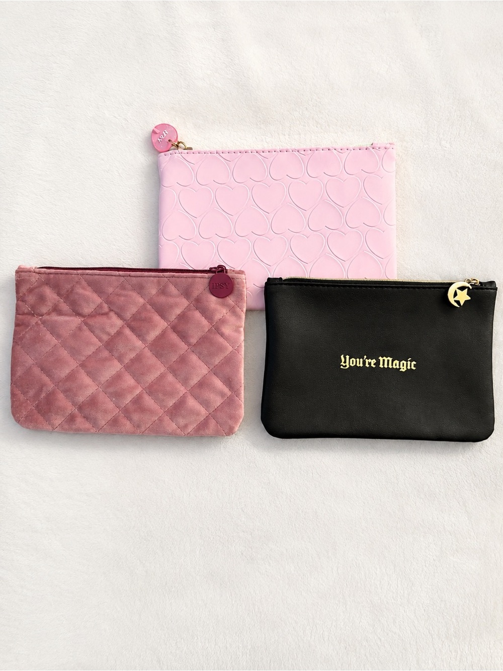 ipsy Trio Cosmetic Pouches in Light Pink, Dusty Rose & Black